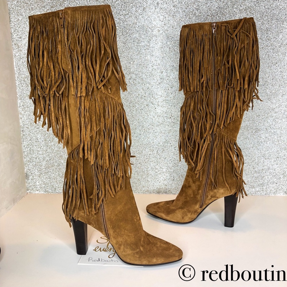 Saint Laurent Tan Suede Fringe Knee-High Heeled Boots - Picture 3 of 8